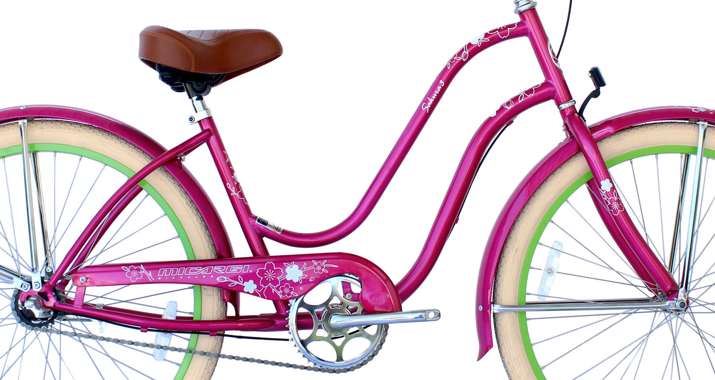 Micargi Sakura NX3 26" Steel frame LADIES cruiser pedal forward w/ Shimano NX3-Sp Coaster Brake - Hotpink