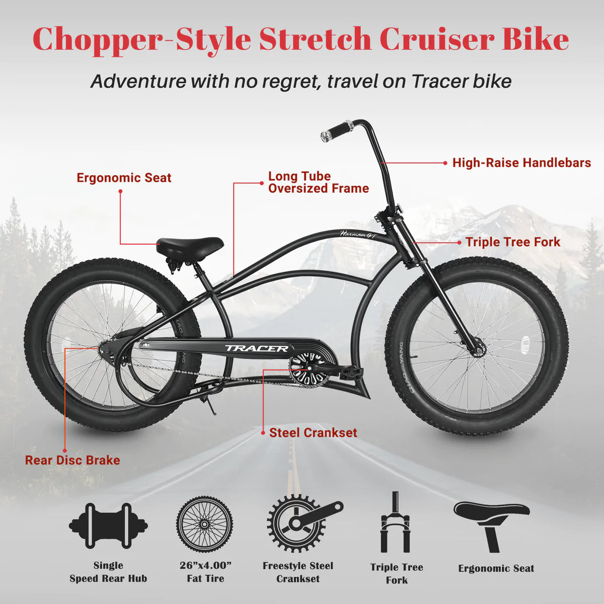 Tracer Harman GT Chopper Stretch Cruiser Fat Tire Bike | Fat Tire Bike | Cruiser Fat Tire Bike | Stretch Bike | Fat Tire | Bike Lover USA