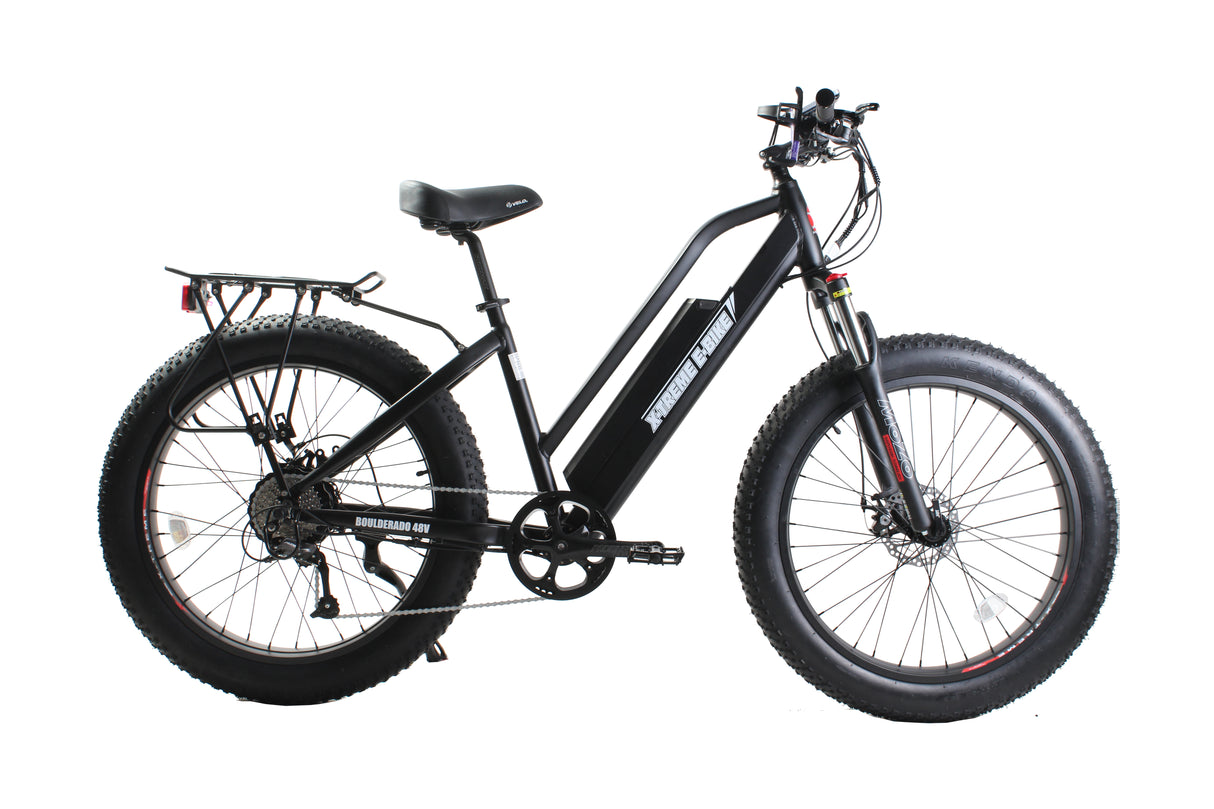 X-Treme Boulderado 48V 17Ah Fat Tire Step-Through Electric Mountain Bicycle 500W Rear Hub Motor 25 mph LiFePO4 Battery